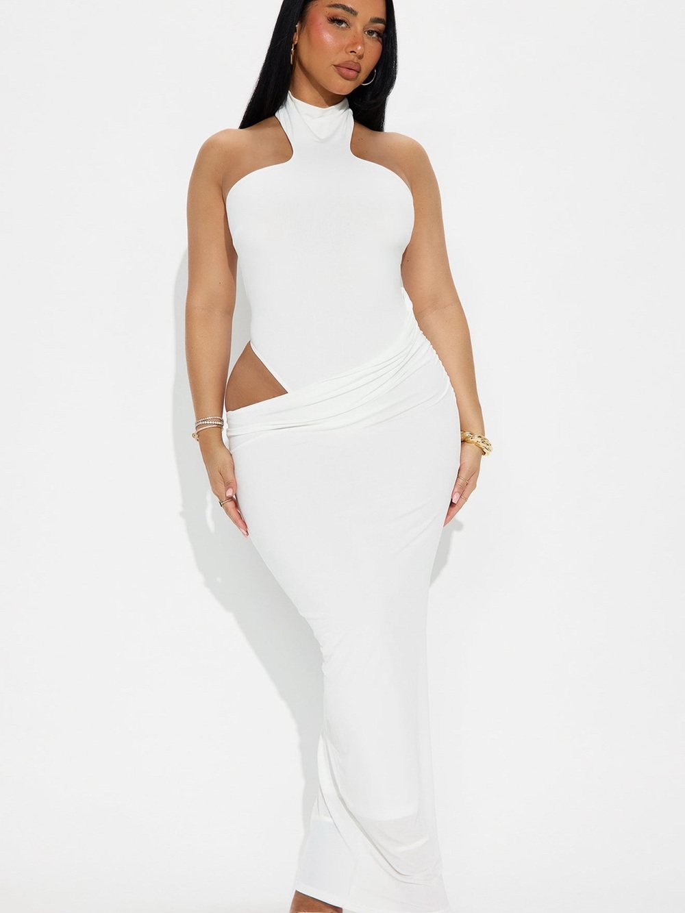 Fashion Nova White Halter Cutout Maxi Gown